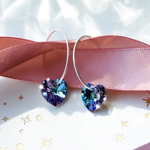 GlitzBlitz Boutique Jewelry - Any 2/$20! Silver Hoops w/Blue & Purple Iridescent Crystal Hearts Earrings